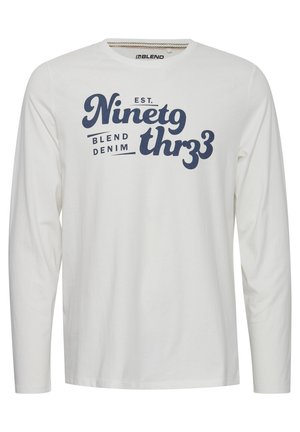 Long-sleeve white T-shirt made of cotton with a round neckline, featuring a navy graphic text design on the front.