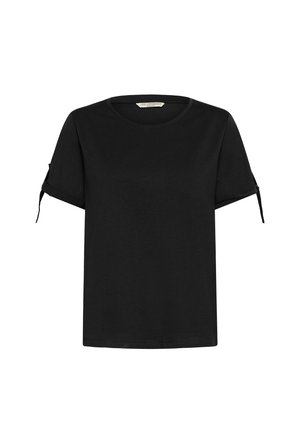 Zwart t-shirt met korte mouwen van een zachte stof, met een ronde halslijn en verstelbare strikjes op de mouwen. Eenvoudig, relaxte pasvorm.