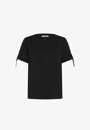 Črna kratkotrajna majica s kratkimi rokavi iz mehkega blaga, okroglim izrezom in nastavljivimi vrvicami na rokavih. Preprosta, sproščena oblika.