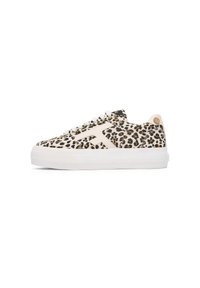 Leopard-print sneakers with a textured fabric upper, white rubber sole, and contrasting cream accents on the sides and laces.