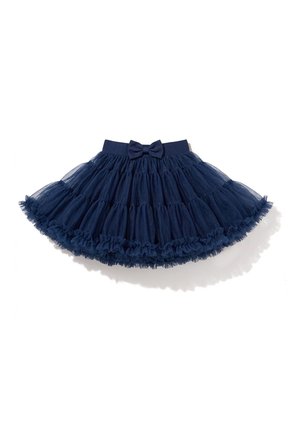 Granatowa warstwowa spódnica z tiulu z falbanianym dołem i dopasowanym paskiem w talii, ozdobionym dekoracyjną kokardą na środku przodu.
