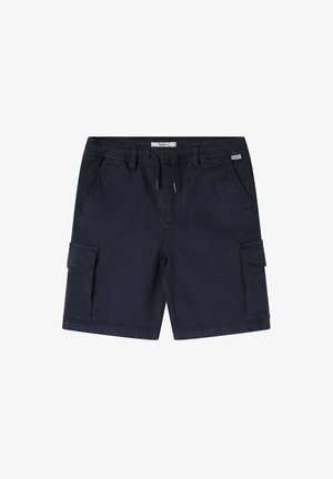 Tamsiai mėlynos spalvos cargo šortai, pagaminti iš tvirto medvilnės mišinio. Savybės: keli kišenės, elastinga juosmens juosta su raišteliu ir sustiprinta siuvimo siūlė.