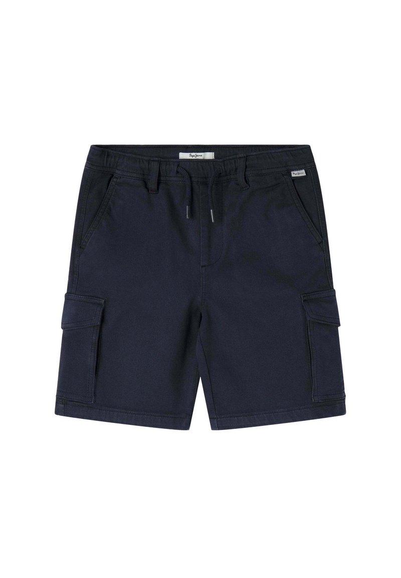 Tamsiai mėlynos spalvos cargo šortai, pagaminti iš tvirto medvilnės mišinio. Savybės: keli kišenės, elastinga juosmens juosta su raišteliu ir sustiprinta siuvimo siūlė.