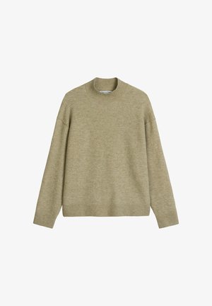 Lichtgroene gebreide trui met een geribde ronde hals, aflopende schouders en een ontspannen pasvorm. Soepele textuur en een effen, eenvoudig ontwerp.