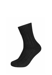 Calza nera a coste con texture solida, lunghezza a metà polpaccio e tallone e punta rinforzati per una maggiore resistenza. Adatta per l'uso quotidiano.