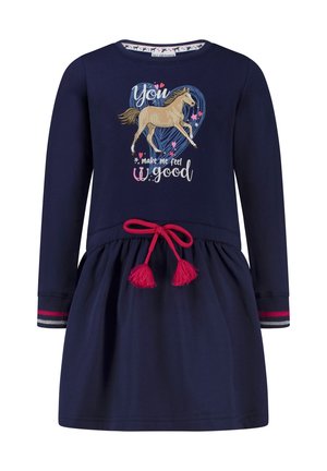 Marineblaues Langarmkleid mit Herzdesign, Pferdegrafik und rosa Akzenten. Besitzt eine Kordelzugtaille mit rosa Quasten.