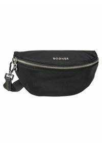 Marsupio in nylon nero a forma curva, con zip argentata, logo impresso sul davanti e una tracolla regolabile con clip metallica.