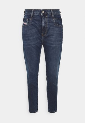 Mørkeblå straight-leg denim jeans med forreste knap, lynlås og fem-lomme stil, vist mod en hvid baggrund.