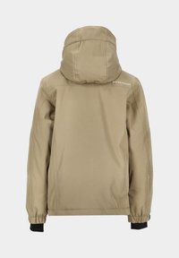 Beige Outdoorjacke mit Kapuze, elastischen Bündchen und lockerer Passform. Minimale Markenkennzeichnung an der Schulter und eine glatte Textur.