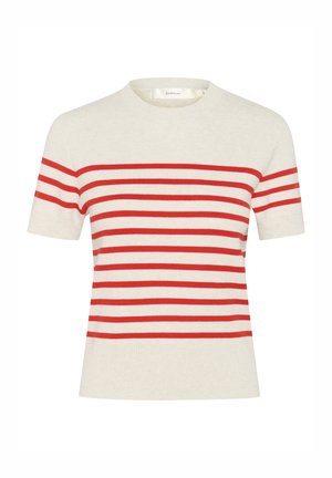 Maglione a maniche corte a righe in crema con righe orizzontali rosse. Collo rotondo e orlo a costine. Trama morbida, vestibilità casual.