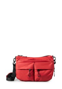 Red nylon bag with two front pockets, zip closure, adjustable strap, and black hardware accents. Smooth texture and rounded shape.