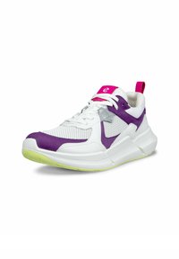 Valkoiset urheilukengät, joissa on violetit ja hopeiset yksityiskohdat. Varustettu verkkomaisella päällisellä, pehmeällä kieltyn menee, ja vihreällä kumipohjalla. Nauhat ja kantapään lenkki vaaleanpunaiset.