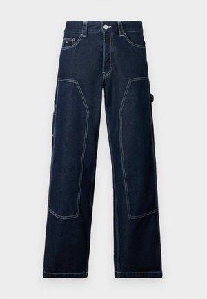 Dark blue denim cargo pants featuring a straight leg design, contrast stitching, multiple pockets, and a classic button closure.