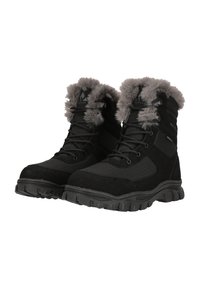 Svarta vattentäta stövlar med en texturerad tygövre, mockadetaljer och krage av falsk päls. Tjocka gummisulor för bra grepp.