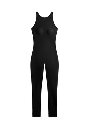 Combinaison sans manches noire en tissu extensible, avec une silhouette ajustée, un col rond et un design sans couture sans fermetures.