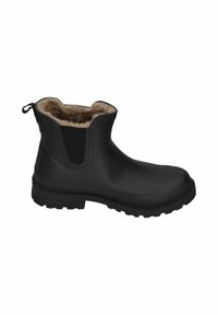Botín negro impermeable hasta el tobillo con paneles laterales elásticos y suela de goma texturizada. Forrado con pelaje sintético marrón para aislamiento y comodidad.
