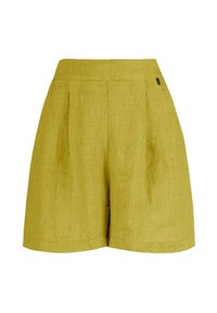 Pantaloni corti in lino di colore giallo senape con vita alta, due pieghe anteriori e dettaglio della tasca laterale. Materiale morbido e testurizzato.