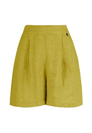 Pantaloni corti in lino di colore giallo senape con vita alta, due pieghe anteriori e dettaglio della tasca laterale. Materiale morbido e testurizzato.