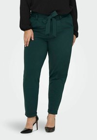 Woman wearing dark green high-waisted tapered pants with a front tied belt and black pointed-toe high heels, standing against a plain background.