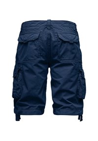 Marineblaue cargo Shorts aus leichtem Stoff mit mehreren Seitentaschen, verstellbarem Kordelzug und lockerer Passform.