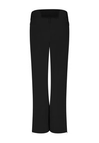 Schwarze Hose mit geradem Bein und elastischem hohem Bund, von hinten auf weißem Hintergrund gezeigt.