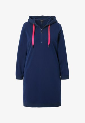 Marine blauwe fleece hoodie jurk met een ritskraag en roze koorden, met lange mouwen en geribde manchetten en zoom.