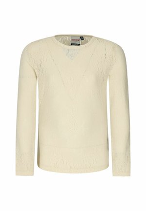 Blouse en dentelle crème à manches longues avec un col rond et un motif floral subtil, vue de face sur fond blanc.