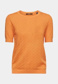 Kortärmad orange stickad topp med strukturerat mönster, rund halsringning och ribbade kanter. Lätt och andningsbar design.