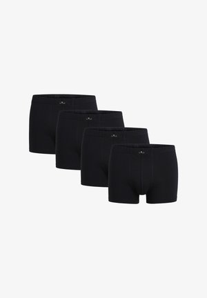 Zwarte katoenen boxershortset, met een zachte tailleband en een aansluitend ontwerp. Vier paar naast elkaar gerangschikt, met simpel logo aan de voorkant.
