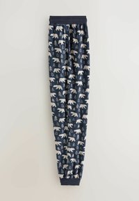 Námornícke pyžamové nohavice s bielymi vzormi medveďa a borovice. Majú elastický pás a sťahovacie členky pre pohodlné nosenie.