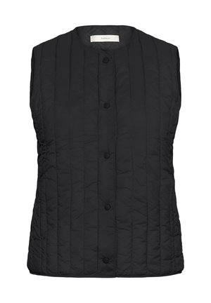 Zwart mouwloos doorgestikt vest met ronde halslijn en drukknoopsluiting aan de voorkant.