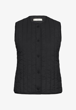 Schwarze, ärmellose gesteppte Weste mit rundem Ausschnitt und Druckknopfverschluss vorne.
