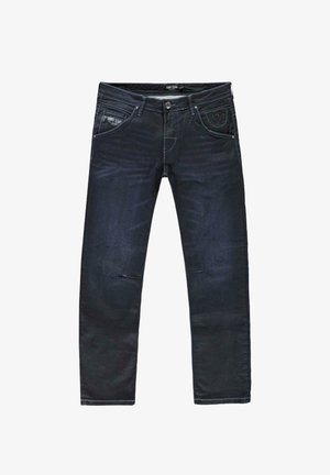 Donkerblauwe denim jeans met een recht gesneden ontwerp, vijf zakken en een ritsopening. De stof vertoont lichte vervaging en whiskeringdetails.