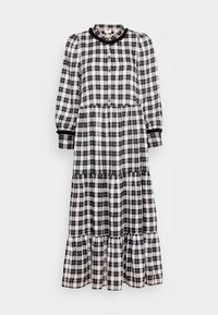 Černobílé kostkované šaty vyrobené z bavlny, s předním zapínáním na knoflíky, volánkovým lemem a nafouknutými rukávy s černými detaily.