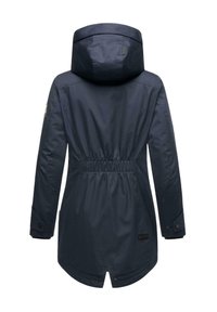 Navy blue parka with a cinched waist, long sleeves, and a hood. Features buttoned cuffs and a hem with a slight curve at the back.