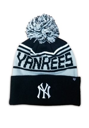 Gorro de punto en negro y gris claro, con el texto "YANKEES" y un logo NY en blanco, rematado con un pom-pom multicolor. Textura suave.