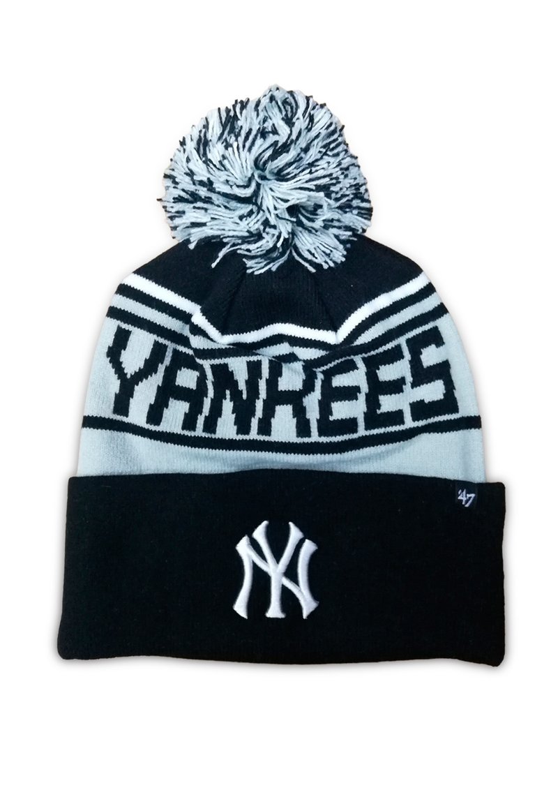 Gorro de punto en negro y gris claro, con el texto "YANKEES" y un logo NY en blanco, rematado con un pom-pom multicolor. Textura suave.