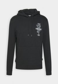 Sudadera negra con bolsillo frontal, cordones ajustables y gráfico de dragón blanco con la palabra "DESTINO" en el lado izquierdo del pecho.