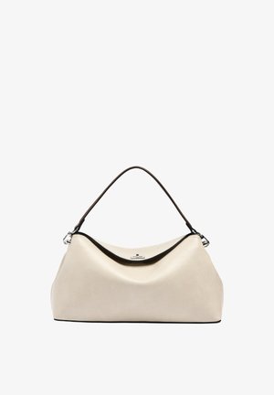 Kremowa skórzana torba na ramię z brązowym uchwytem i srebrną klamrą, miękka, usztywniona forma, minimalistyczny design.