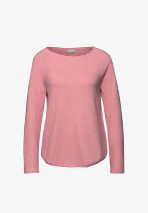 Haut à manches longues rose pâle avec un col rond, texture douce et ourlet légèrement arrondi. Présente des manches raglan pour un ajustement décontracté.