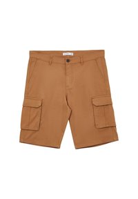 Shorts cargo en coton marron avec fermeture à bouton, passants de ceinture, poches latérales à rabat et poches frontales en biais.