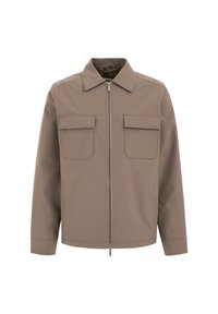 Giacca taupe con zip e colletto a punta, dotata di due tasche a soffietto sul petto, esposta su uno sfondo bianco.