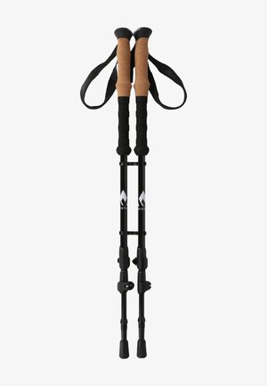 Sammenklappelige trekkingstave med korkgreb, sorte aluminiumsaksler, justerbar længde, gummitips og polstrede stropper for komfort.