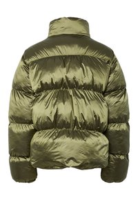 Olive green puffer jacket with a high collar, featuring horizontal quilted sections, smooth texture, and elastic cuffs.