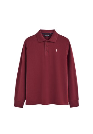 Bordeaux langemouwen polo shirt, katoenmix, met drie knopen bij de hals en een klein wit logo op de linkerborst. Zachte textuur.