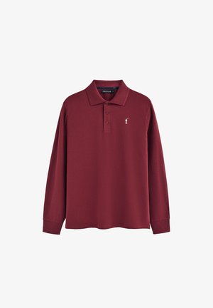 Bordeaux langemouwen polo shirt, katoenmix, met drie knopen bij de hals en een klein wit logo op de linkerborst. Zachte textuur.