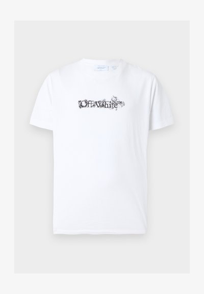 Λευκό κοντομάνικο T-shirt με μαύρο λογότυπο "Off-White" σε στιλ γκράντζ και γραφικό με βέλη, τοποθετημένο στο κέντρο του στήθους.