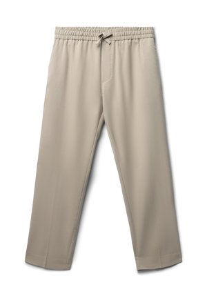 Beige, leichte Hose mit einem elastischen Bund und Kordelzug. Sie hat seitliche Taschen und ein gerades Bein-Design. Glatte Textur.