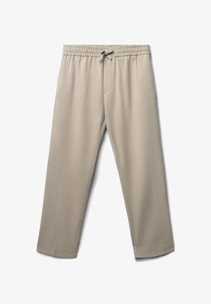 Beige, leichte Hose mit einem elastischen Bund und Kordelzug. Sie hat seitliche Taschen und ein gerades Bein-Design. Glatte Textur.