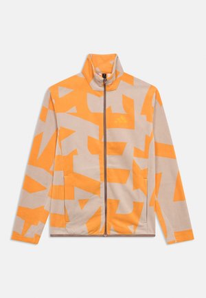 Fleece vest met rits in beige met feloranje geometrische patronen. Voorzien van een hoge kraag en subtiele merkopdruk op de borst.